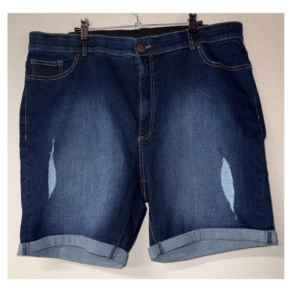 Avenue - Aveology Dark Wash Ripped Denim Shorts - Women’s Size 22 - Rolled Hem - Picture 2 of 7